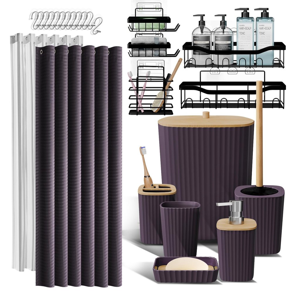 Shower Caddy and Bathroom Accessories Set, 25PC Bathroom Accessory Set with Shower Caddy for Bathroom Storage, Purple Shower Curtain Set, Toilet Brush, Trash Can, Soap Dispenser, Toothbrush Holder
