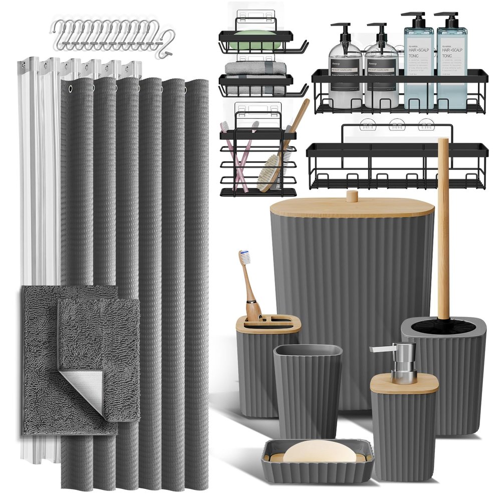 Clara Clark Bathroom Accessories Set - 27PC Bathroom Set with Adhesive Corner Shower Caddy Hanging, Bathroom Sets with Shower Curtain and Rugs, Grey Shower Curtain Set with Bathroom Trash Can