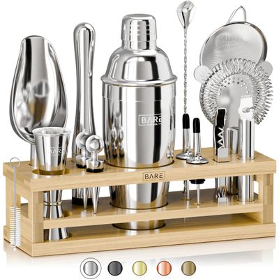 BARE BARREL Mixology Bartender Kit Bar Set | 16-Piece Cocktail Shaker Set | Martini Barware Mixing Tools for Home Bartending | Incl. 35 Recipe Cards | Gift Set (24oz Cobbler Shaker, Silver/Natural)