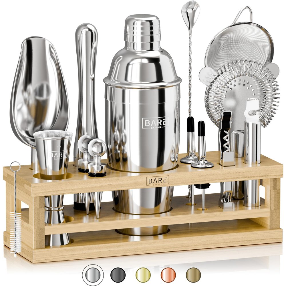 BARE BARREL Mixology Bartender Kit Bar Set | 16-Piece Cocktail Shaker Set | Martini Barware Mixing Tools for Home Bartending | Incl. 35 Recipe Cards | Gift Set (24oz Cobbler Shaker, Silver/Natural)