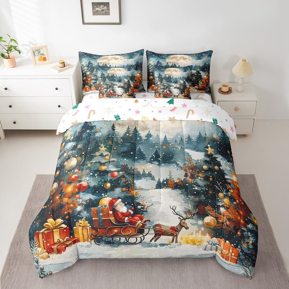 Feelyou Kids Christmas Bed in A Bag Queen Size, Santa Claus Comforter Set with Sheets Cute Deer 7 Pieces Bedding Set Boys Girls Snowflake Teens Bed Set Bedroom Decor 7Pcs