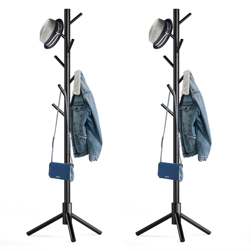 Hupmad Wooden Tree Coat Rack Stand,Sturdy Freestanding Coat Rack with 8 Hooks,3 Adjustable Height for Child Adult,Wood Coat Stand Tree Fits Entryway Bedroom Office for Bags,Hats, 2 Pack