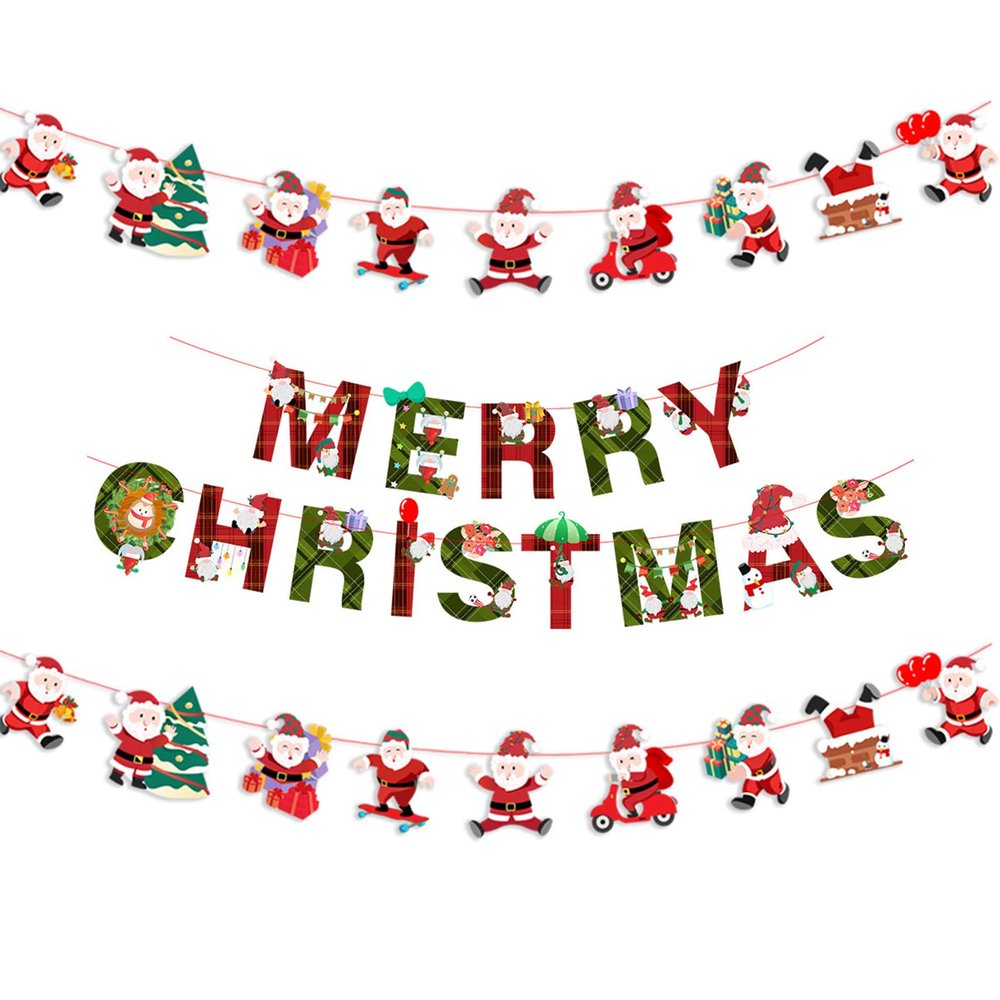 Lovmeety 3 Pcs Merry Christmas Banners Party Decorations, Xmas Paper Hanging Banner Set Patterns of Santa Christmas Trees Snowman Christmas Banner Flags for Home Office Party Decor Supplies