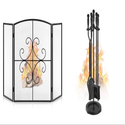 Gtongoko 3 Panel Fireplace Screen 48" W x 29" H Bundle Fireplace Tools Set 5 Pcs 30.5 Inch Black