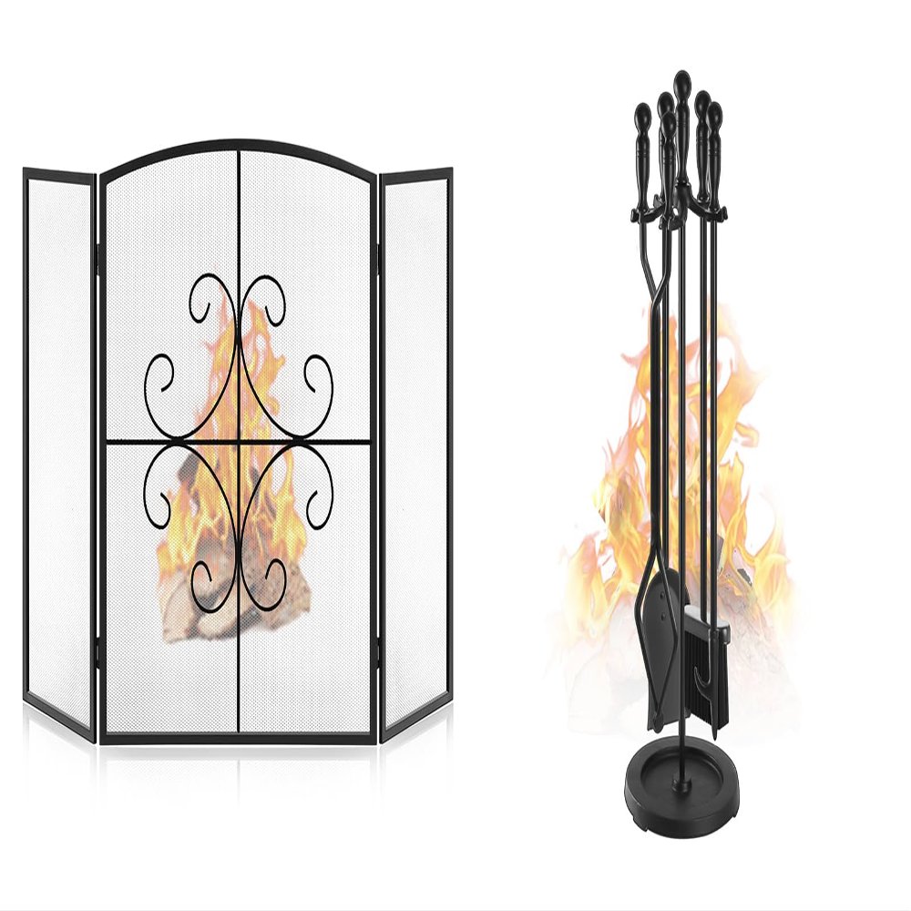 Gtongoko 3 Panel Fireplace Screen 48" W x 29" H Bundle Fireplace Tools Set 5 Pcs 30.5 Inch Black
