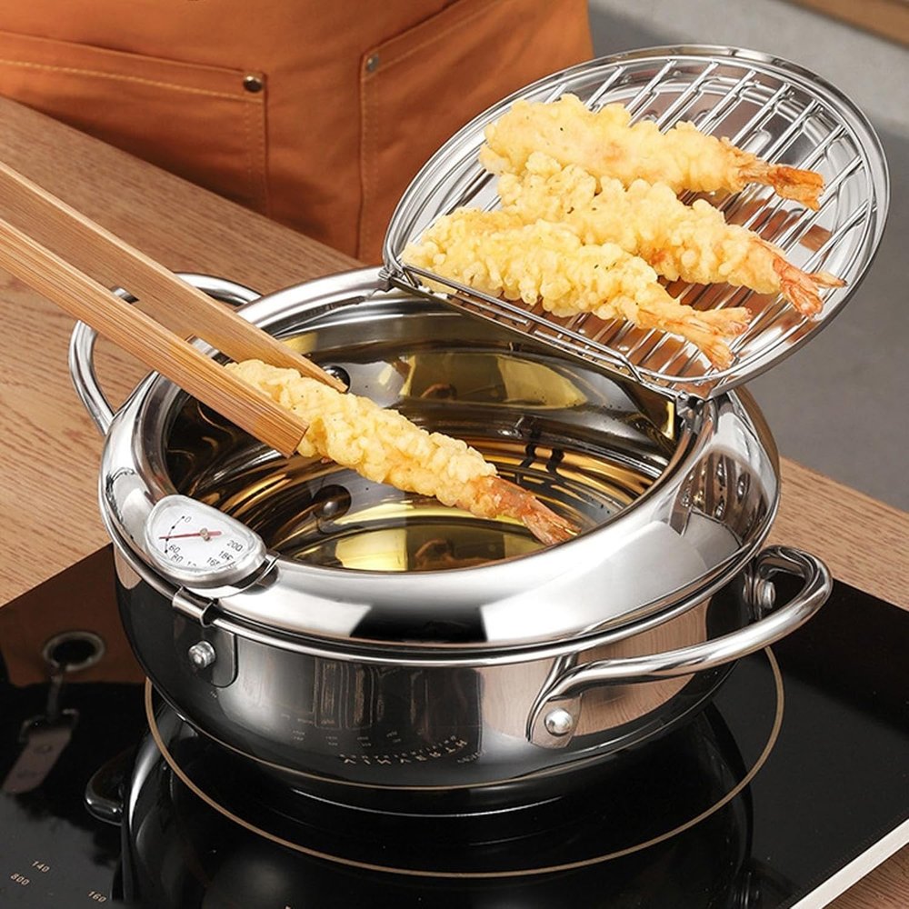 304 Stainless Steel Deep Fryer Pot, Stainless Steel Frying Pot with Thermometer and Oil Drip Drainer Rack, Deep-Fry Delicious Food Easily, Japanese Small Deep Fryer(L)