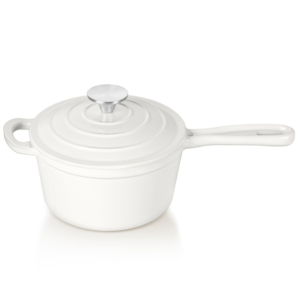 TeamFar 1QT Enameled Cast Iron Sauce Pan, Small Sauce Pot with Lid, Mini Dutch Oven Saucepan for Cooking/Simmering/Baking/Boiling, Sturdy & Nonstick, Oven Safe & Fit for Induction- White