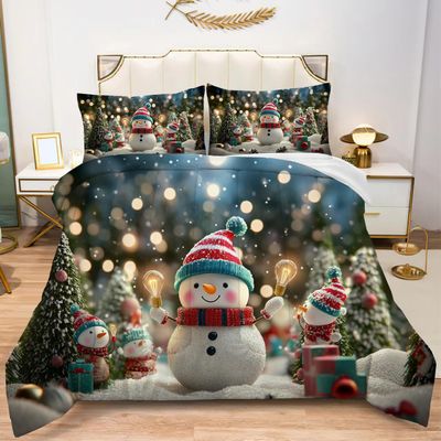 Christmas Snowmen Comforter Set Twin Size 3D Pine Trees Sparkling Lighting Background Print Quilted Bedding Set for Childern Kids Adult Soft Boys Girls Teens Bedroom Comforter with 1Pillowcase