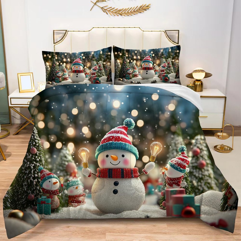 Christmas Snowmen Comforter Set Twin Size 3D Pine Trees Sparkling Lighting Background Print Quilted Bedding Set for Childern Kids Adult Soft Boys Girls Teens Bedroom Comforter with 1Pillowcase