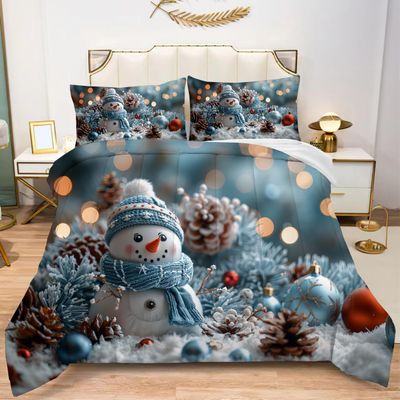Christmas Snowmen Wearing Blue Hat Scarf Pattern Comforter Set Festive Decorations Balls Blue Background Full Size Quilted Bedding Set for Child Kids Adut Soft Bedroom Comforter with 2Pillowcases