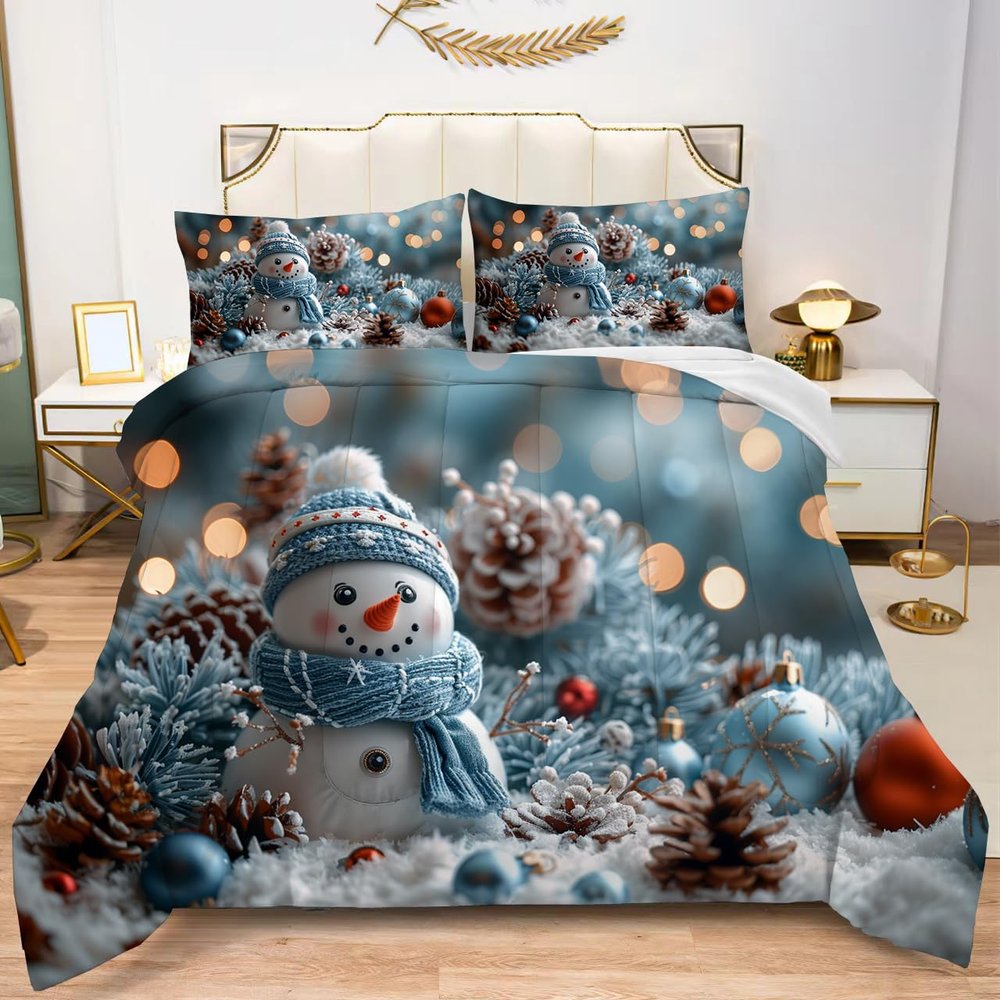 Christmas Snowmen Wearing Blue Hat Scarf Pattern Comforter Set Festive Decorations Balls Blue Background Full Size Quilted Bedding Set for Child Kids Adut Soft Bedroom Comforter with 2Pillowcases