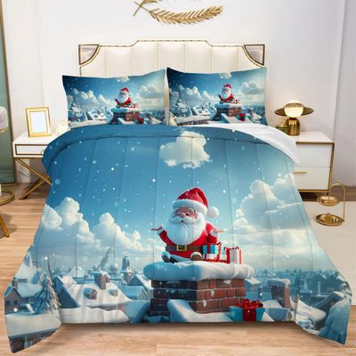 Albideyaa Santa Claus Sitting on Chimney Pattern Comforter Set for Christmas Twin Size New Year Decor Duvet Bedding Set Blue Sky White Clouds Town Background 3D Print Quilt Set with 1Pillowcase