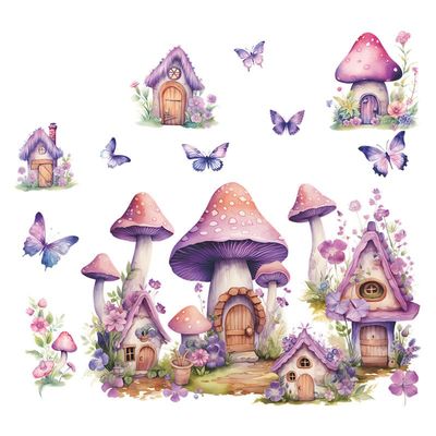 DRWSSR 2 Sheets Purple Cartoon Mushroom House Wall Stickers Removable DIY Green Plants and Flower Wall Stickers Viny Purple Butterfly Wall Decal for Girls Home Nursery Bedroom Bathroom Decoration