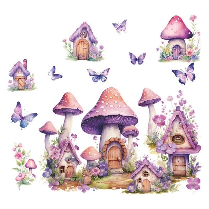 DRWSSR 2 Sheets Purple Cartoon Mushroom House Wall Stickers Removable DIY Green Plants and Flower Wall Stickers Viny Purple Butterfly Wall Decal for Girls Home Nursery Bedroom Bathroom Decoration