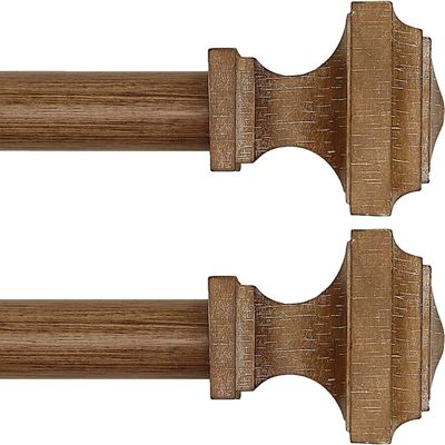 Wooden Curtain Rods for Windows 66-120 inches Curtain Rod Diameter 1 Inch, Wood Decorative Treatment Single Window Rods - Square Imitation Wood Grain Finial 2 Pack