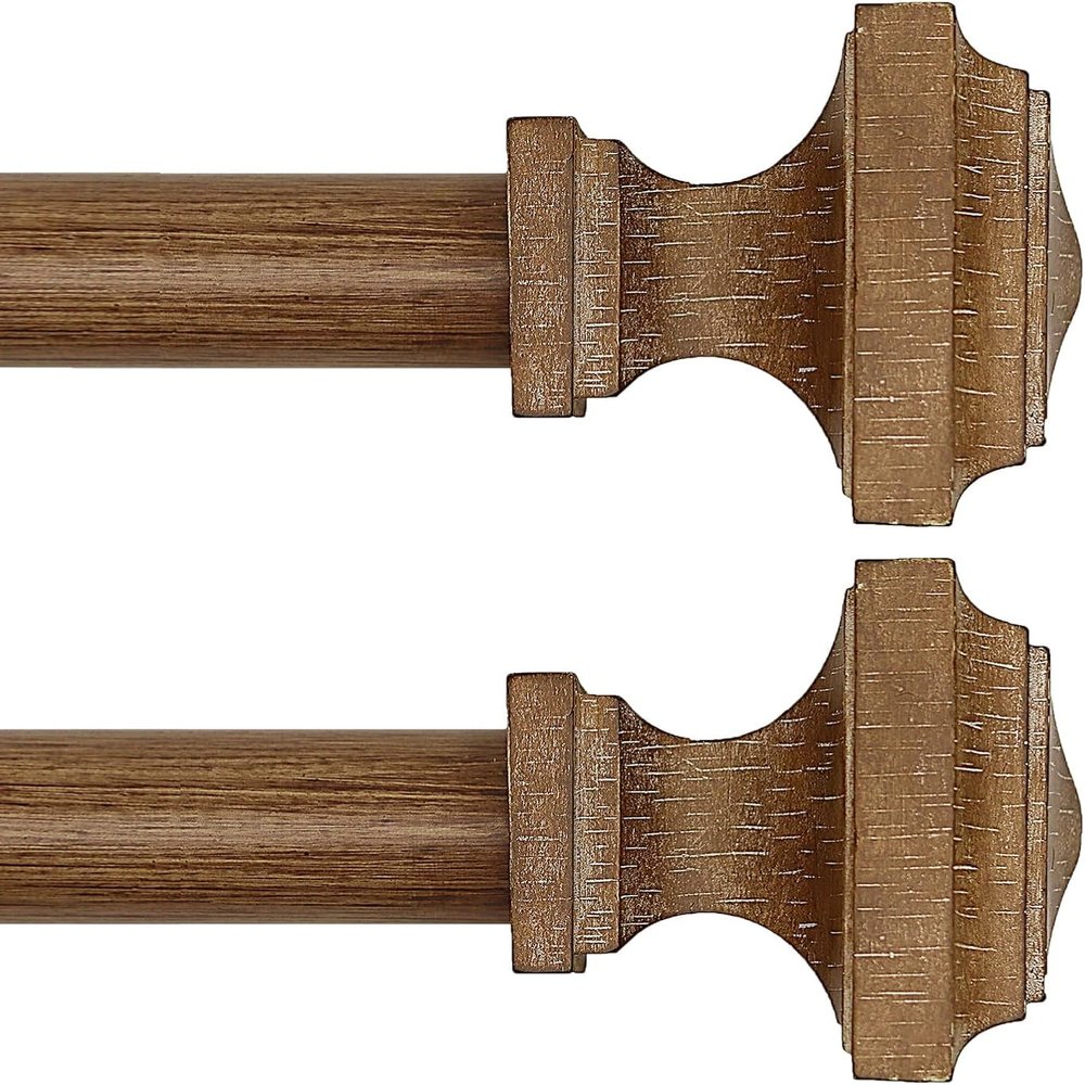 Wooden Curtain Rods for Windows 66-120 inches Curtain Rod Diameter 1 Inch, Wood Decorative Treatment Single Window Rods - Square Imitation Wood Grain Finial 2 Pack