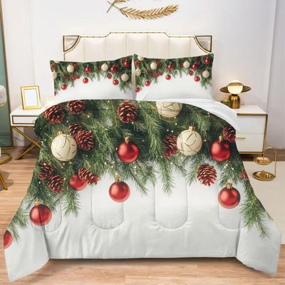 Albideyaa Green Christmas Pine Branches Comforter Set Red Balls Decorations White Background Quilted Bedding Set for Christmas Twin Size New Year Bedroom Kids Adult Comforter with 1Pillowcase