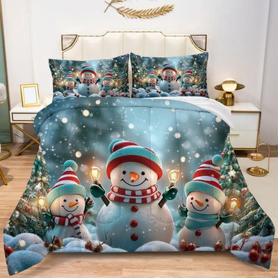 Albideyaa Kawaii Cartoon Snowmen Pattern Twin Size Comforter Set for Christmas Winter Snow Scenery Print Bedding Duvet Set for Kids Adult New Year Bedroom Decor Quilt Set with 1Pillowcase