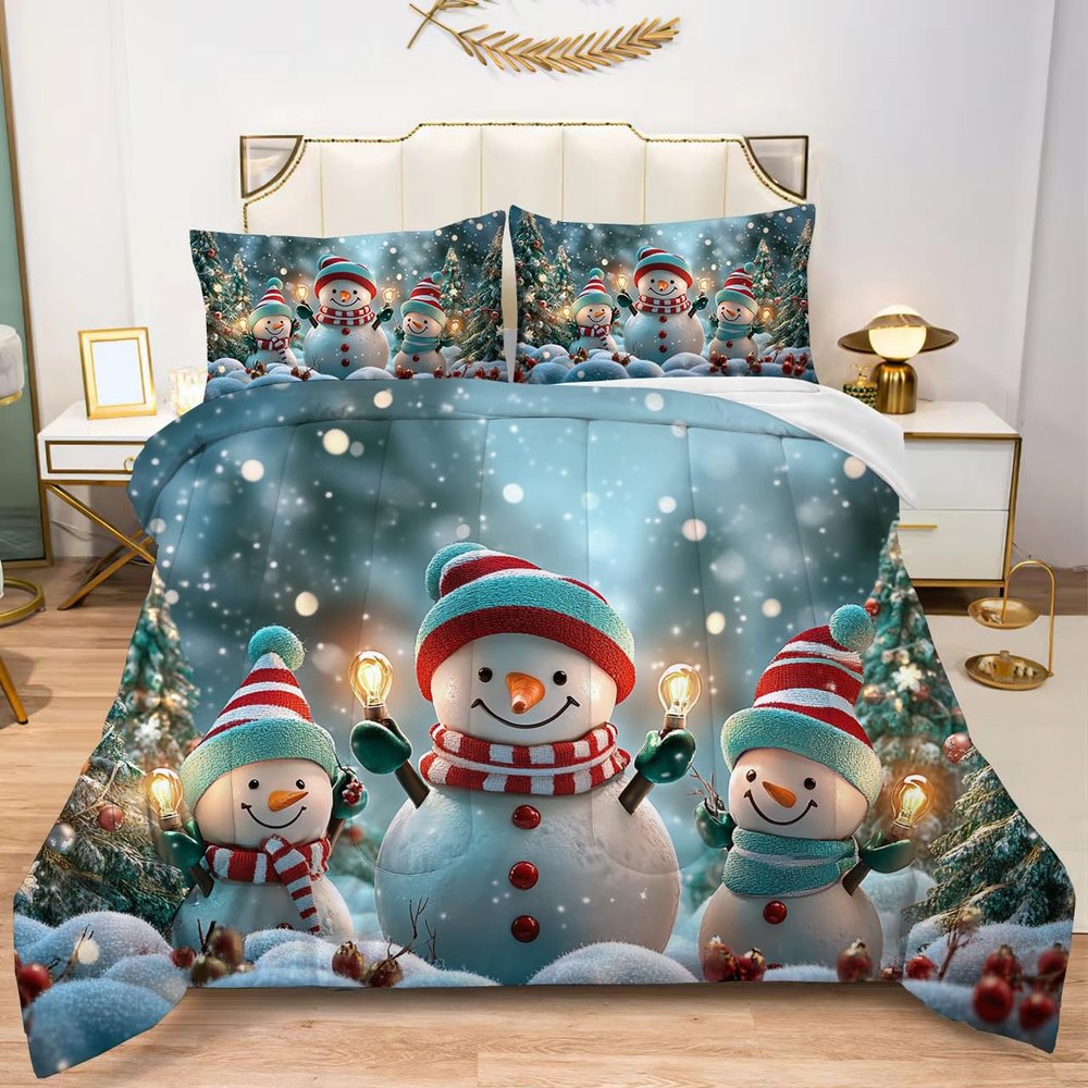 Albideyaa Kawaii Cartoon Snowmen Pattern Twin Size Comforter Set for Christmas Winter Snow Scenery Print Bedding Duvet Set for Kids Adult New Year Bedroom Decor Quilt Set with 1Pillowcase