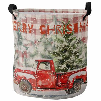 Laundry Baskets Xmas Red Truck Christmas Tree Winter Snow,Collapsible Laundry Hamper Dirty Clothes Basket with Handle,Storage Bag for Bathroom/Bedrooom Farmhouse Buffalo Plaid