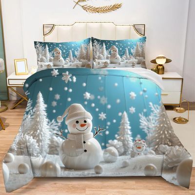 Albideyaa Cute Smiling White Snowmen Comforter Set for Girls Boys Teens Twin Size Snowflakes Trees Balls Winter Background Blue Bedding Duvet Set Modern Soft Kids Adult Quilt Set with 1Pillowcase