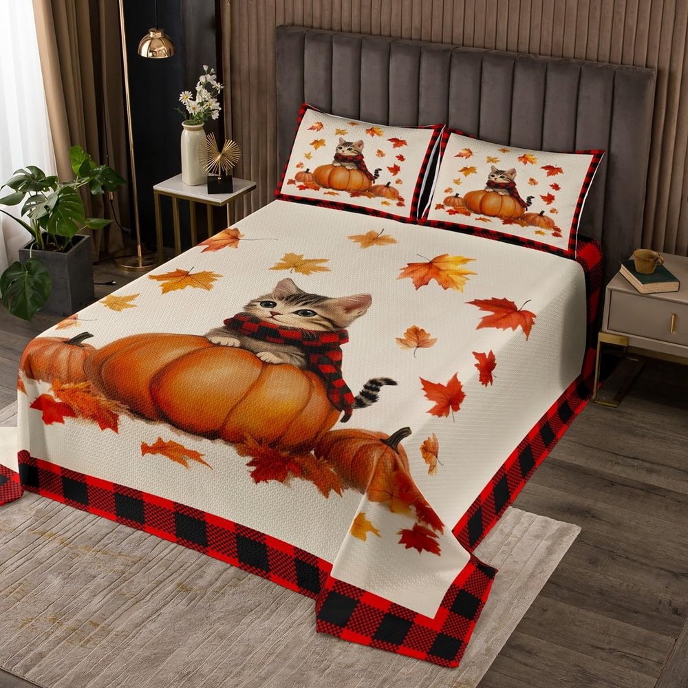 Autumn Kids Bedspread Twin Size,Geometric Grids Patchwork Coverlet Set,Boys Girls Room Decor,Kawaii Cat Maple Leaf Fall Harvest Pumpkin Quilted Coverlet,Rustic Retro Bedding Quilt,1 Pillowcase