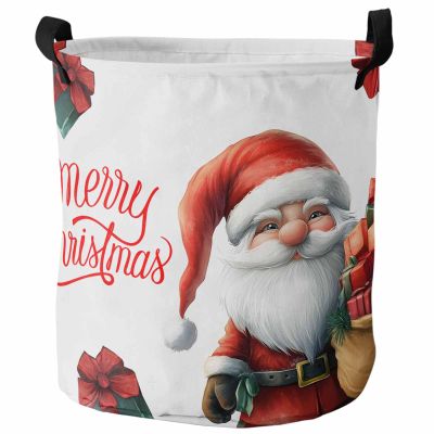 Laundry Baskets Cartoon Santa Claus Merry Christmas,Collapsible Laundry Hamper Dirty Clothes Basket with Handle,Storage Bag for Bathroom/Bedrooom Bow Xmas Box White