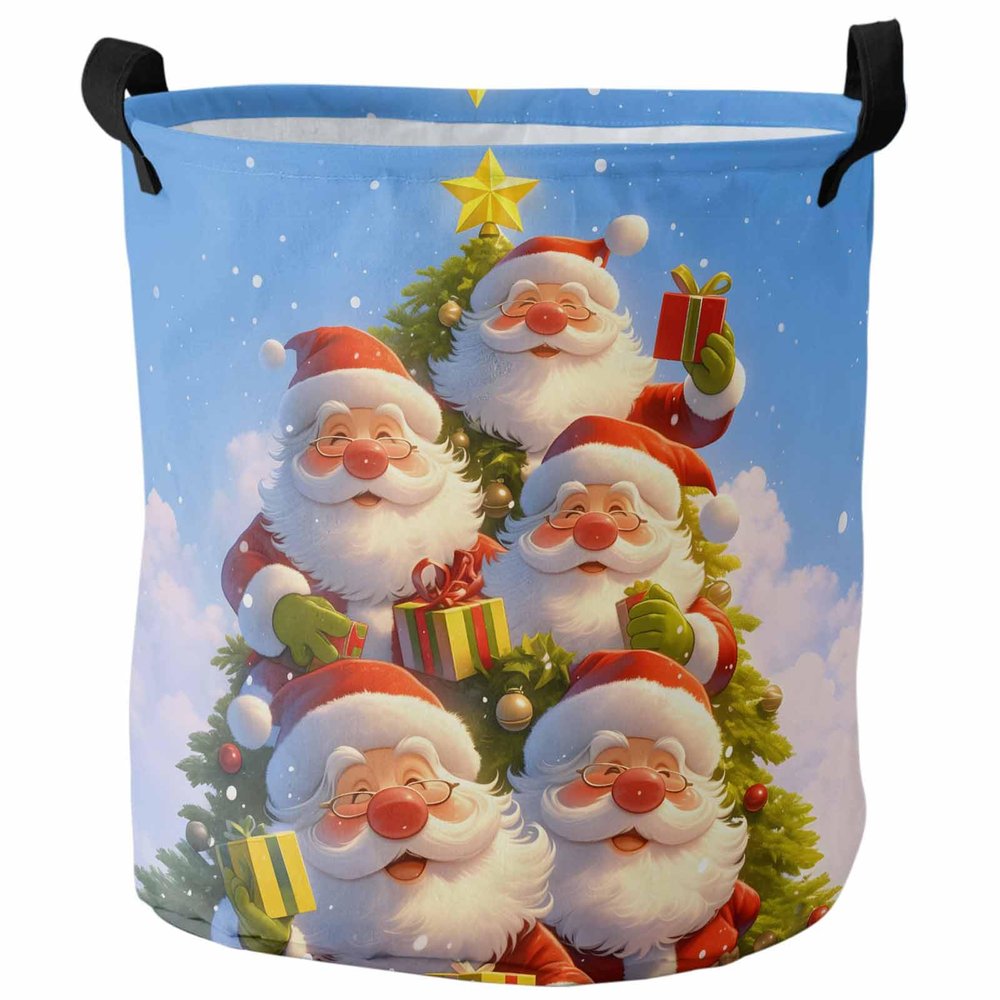 Laundry Baskets Christmas Santa Claus Xmas Tree Winter Snowflakes,Collapsible Laundry Hamper Dirty Clothes Basket with Handle,Storage Bag for Bathroom/Bedrooom Blue Sky