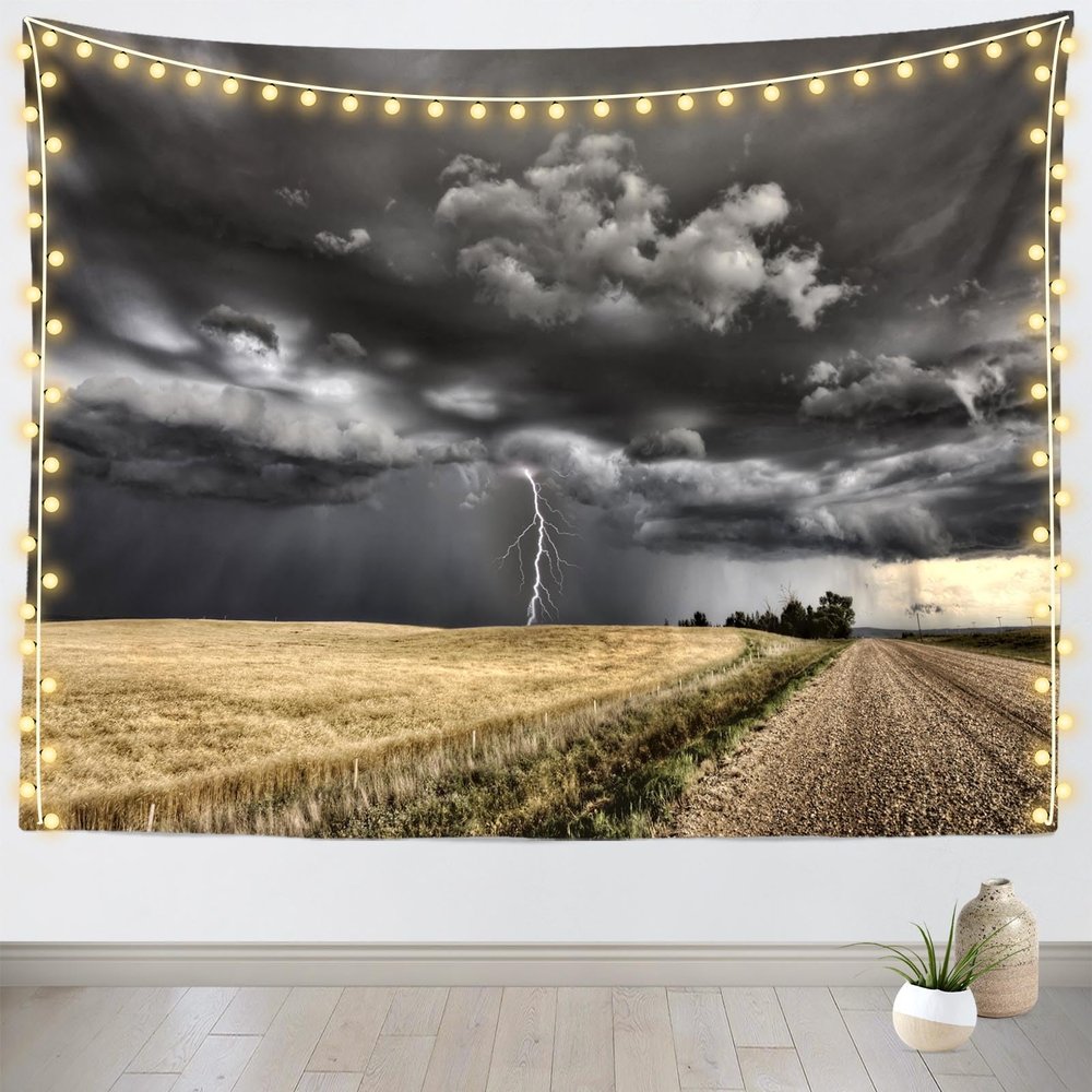 CORFOTO Lightning Thunderstorm Tapestry 47''Wx70''L Rural Farmland Dark Ominous Clouds Sky Thunder-Storm Natural Wheat Field Tapestries for Bedroom Aesthetic Living Room College Dorm Decor