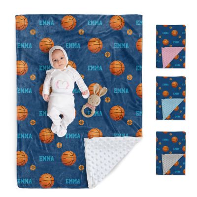 Duckbe Personalized Baby Blanket for Boys and Girls, Custom Infant Throw Blanket with Double Layer Dotted Backing, Soft & Cozy 30"X40" Kids Blankets, Basketball Navy