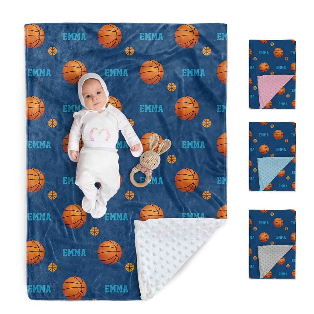 Duckbe Personalized Baby Blanket for Boys and Girls, Custom Infant Throw Blanket with Double Layer Dotted Backing, Soft & Cozy 30"X40" Kids Blankets, Basketball Navy