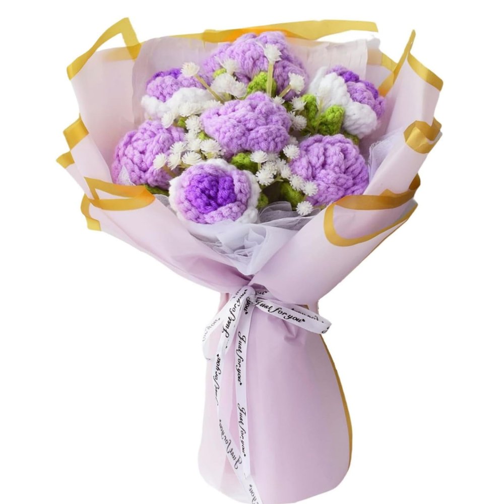 Aiouclay 7pcs Crochet Roses Bouquet Purple, Knitted Flowers Bouquet, Crochet Flowers Romantic, Artificial Flower Gift to Girlfriend Mom Women, Anniversary Birthday(Purple-Rose)