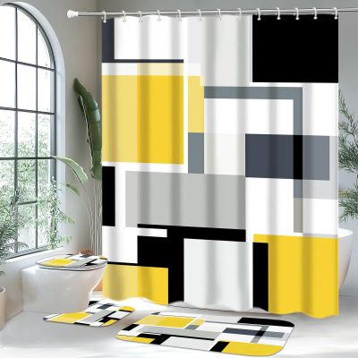 4 Pcs Bathroom Sets with Shower Curtain and Rugs,Yellow Geometric Bathroom Shower Curtain Sets with 12 Hooks, Yellow and Black Modern Abstract Bathroom Sets with Rugs and Accessories for Bathroom