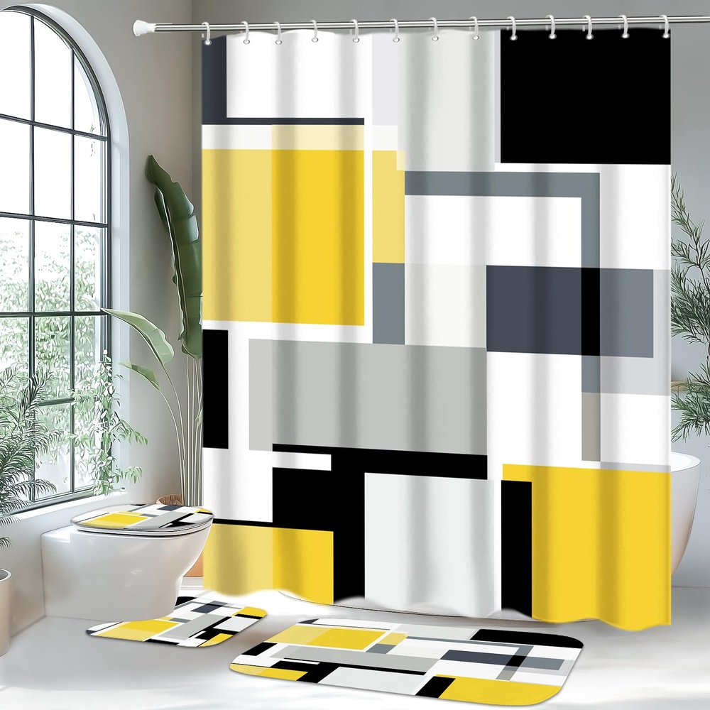 4 Pcs Bathroom Sets with Shower Curtain and Rugs,Yellow Geometric Bathroom Shower Curtain Sets with 12 Hooks, Yellow and Black Modern Abstract Bathroom Sets with Rugs and Accessories for Bathroom