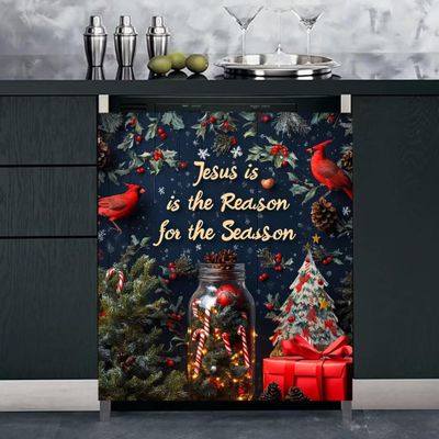 RTHDG Jesus Christmas Dishwasher Magnet Decor Cover Vinyl Decal, Christmas Berry Decoration Magnetic Dishwasher Sticker, Candy Canes Fridge Magnet Decals Sheet (Magnetic 23" x 26")