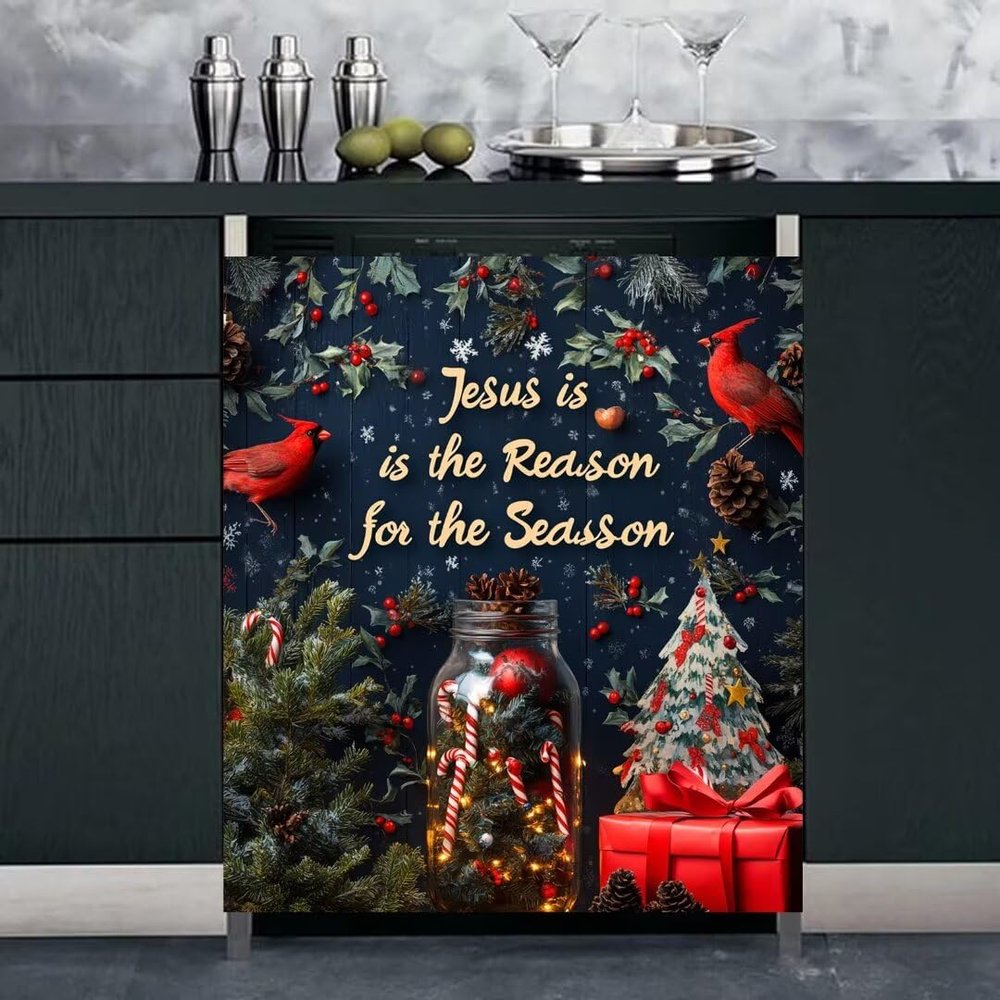 RTHDG Jesus Christmas Dishwasher Magnet Decor Cover Vinyl Decal, Christmas Berry Decoration Magnetic Dishwasher Sticker, Candy Canes Fridge Magnet Decals Sheet (Magnetic 23" x 26")