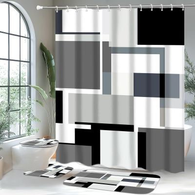 4 Pcs Bathroom Sets with Shower Curtain and Rugs,Grey Geometric Bathroom Shower Curtain Sets with 12 Hooks, Grey and Black Modern Abstract Bathroom Sets with Rugs and Accessories for Bathroom