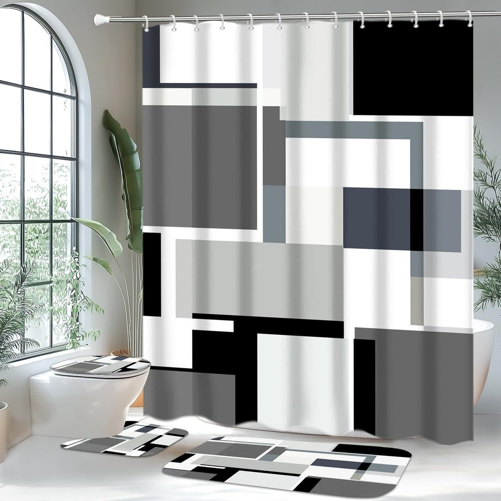 4 Pcs Bathroom Sets with Shower Curtain and Rugs,Grey Geometric Bathroom Shower Curtain Sets with 12 Hooks, Grey and Black Modern Abstract Bathroom Sets with Rugs and Accessories for Bathroom