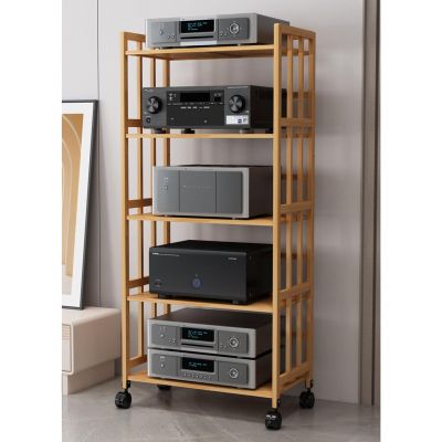 2/3/4/5 Tiers Mobile Stereo Racks and Stands on Wheels, Natural Bamboo Amplifier Rack Audio Media Cabinet with Height Adjustable Wooden Shelf, Home/Office/Theater Standing AV Media Shelf(5 Tier (H 158