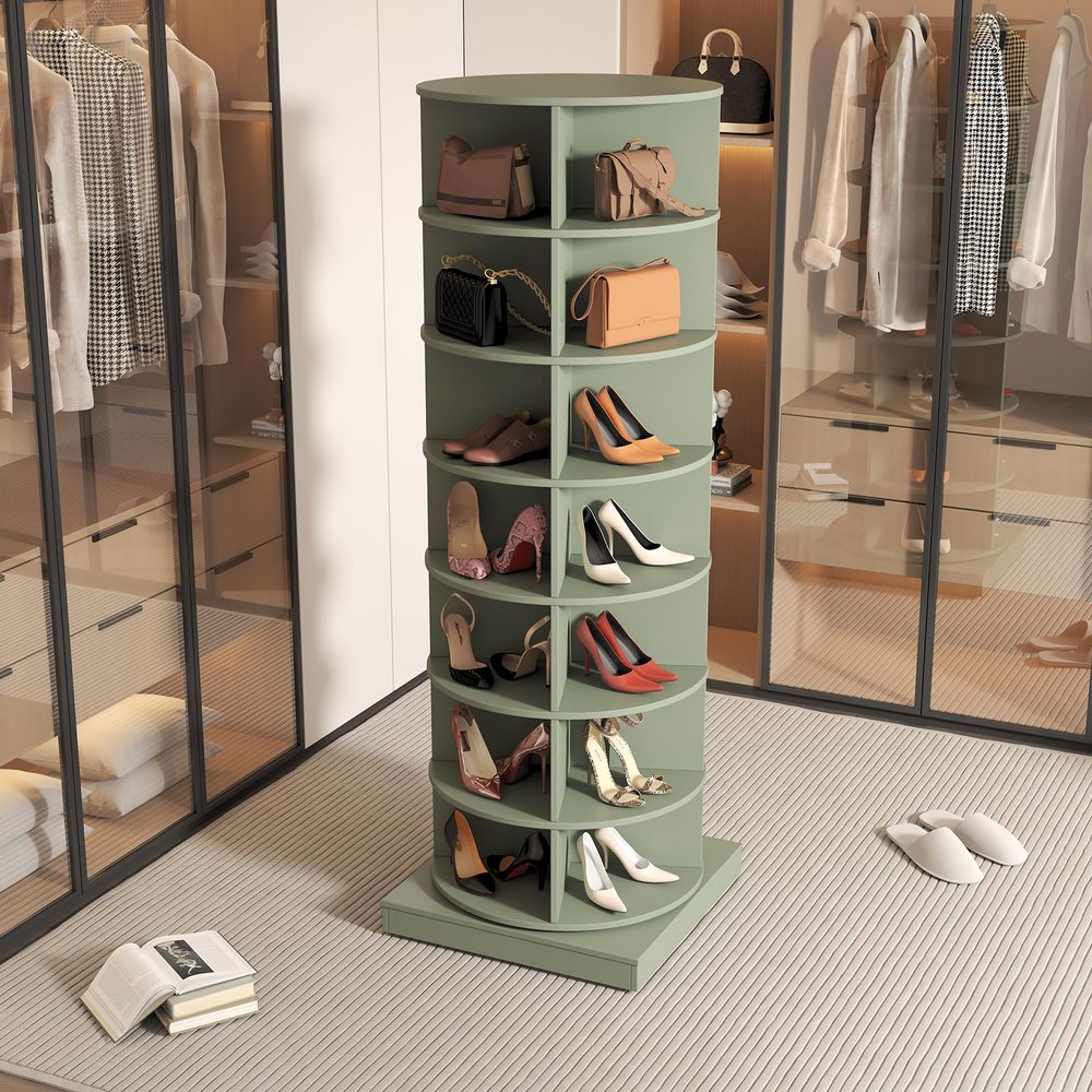 Bituman 7-Tire 360 Rotating Shoe Rack Tower, Shoe Display Tower Lazy Susan Spinning 28 Pairs Shoe Cabinet Vertical Handbag Rotate Shoes Closet Organization for Entryway Living Room Hallway, Green