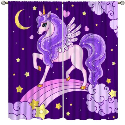 wlsgdsg Purple Unicorn Blackout Curtains for Girls,Fantasy Mystery Fairytale Purple Clouds Stars Magic Unicorns Window Drapes for Kids Nursery Bedroom Living Room 52x84in