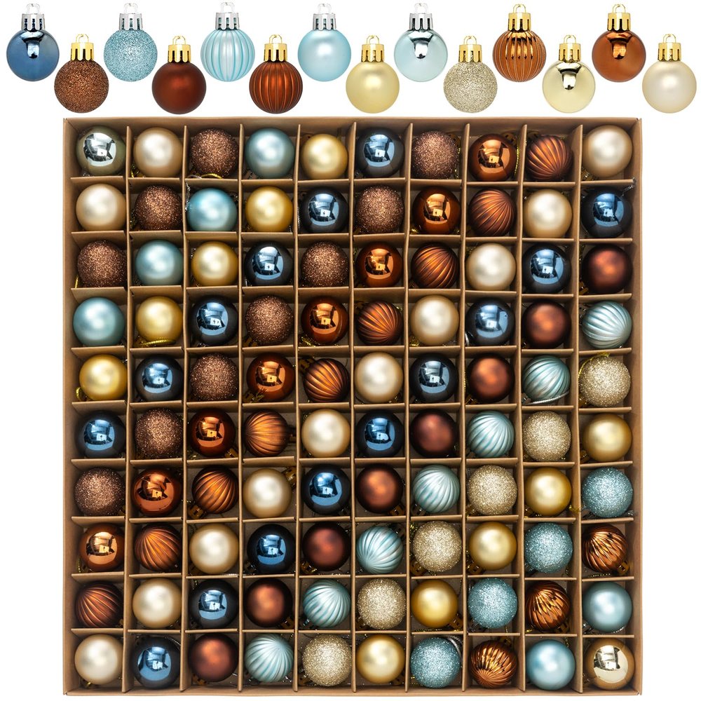 100 Pcs Mini Christmas Ball Ornaments Set, 1.18'' Blue Copper and Gold Small Shatterproof Xmas Tree Ornament Hanging Ball Bulk Decorations for Holiday Party, Wreath, Garland, Winter Decor