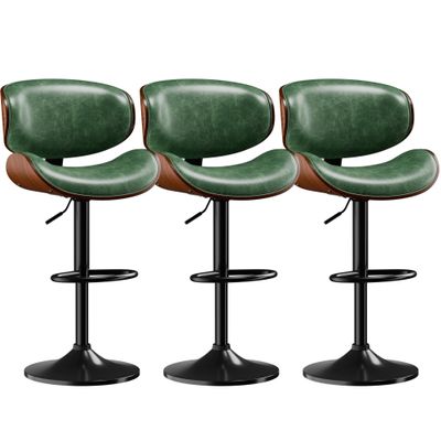 Aowos Bar Stools Set of 3, Adjustable Swivel Leather Bar Stools for Kitchen Island, Mid Century Modern Counter Height Bar Chairs Barstools with Back & Footrest (Green)