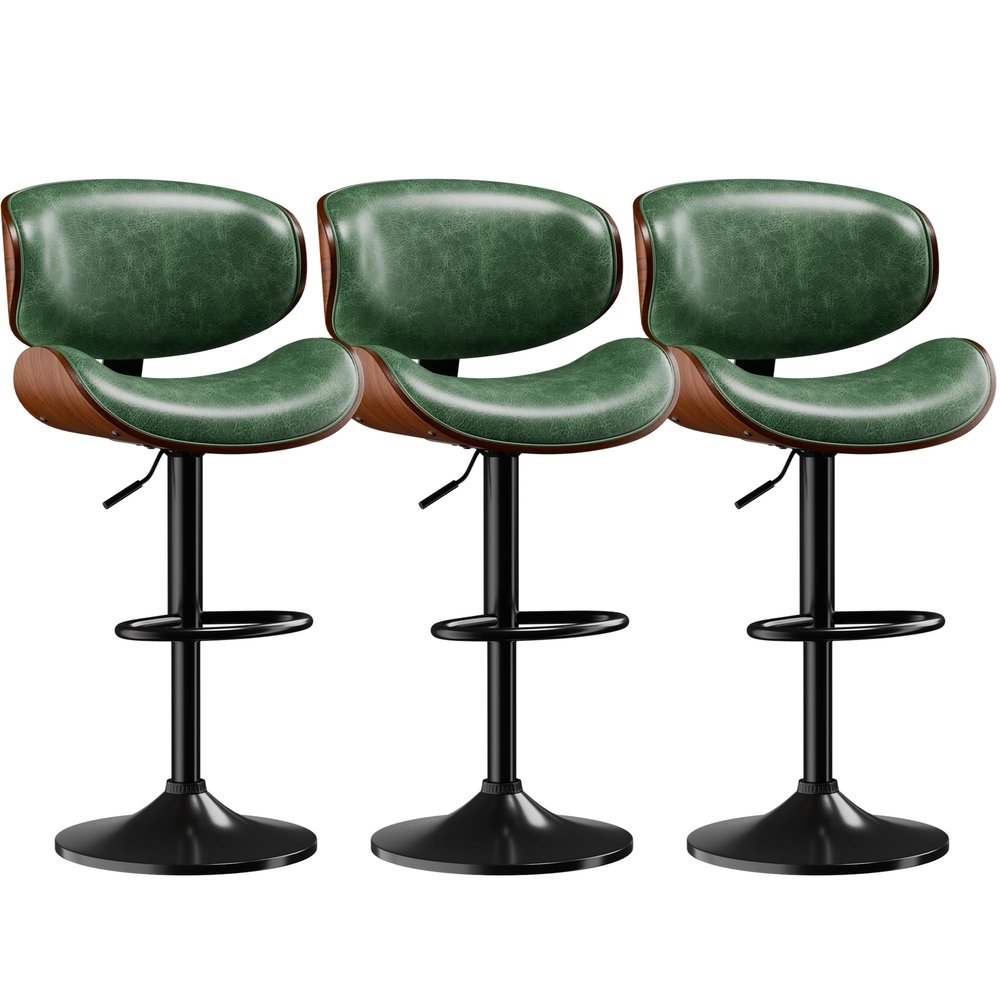 Aowos Bar Stools Set of 3, Adjustable Swivel Leather Bar Stools for Kitchen Island, Mid Century Modern Counter Height Bar Chairs Barstools with Back & Footrest (Green)