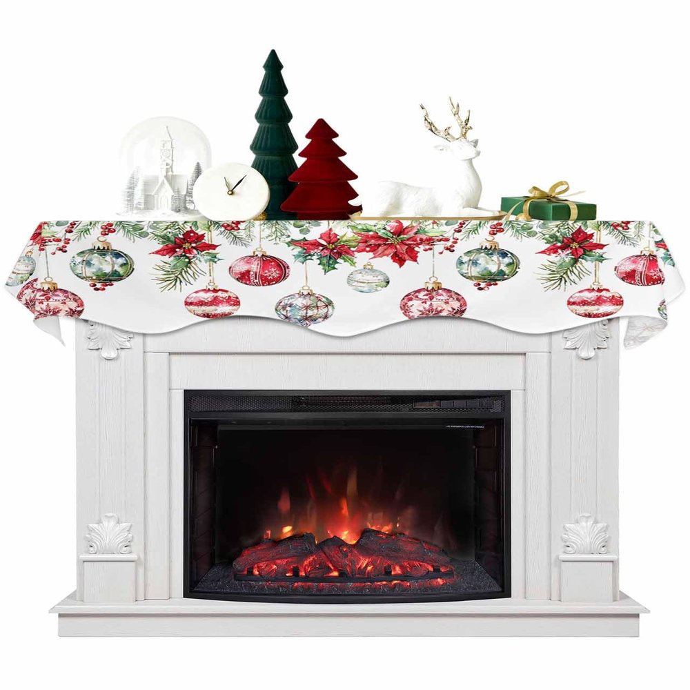 Christmas Balls Fireplace Mantel Scarf Table Runner, Red Green Xmas Botanical Poinsettia Winter Garland Mantel Top Tablerunners Dresser Scarves Cover Decorations for Windows Party Living Room 60x17
