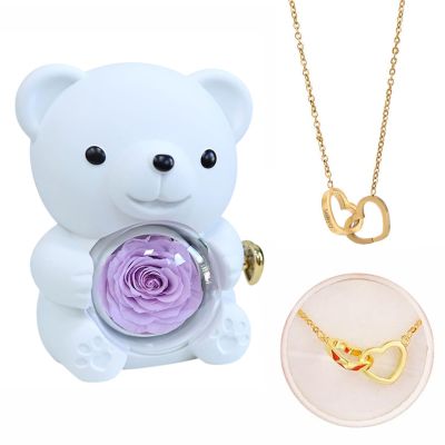 Drawelry Personalized Heart Necklace with Real Rose Bear Jewelry Box, Preserved Eternal Roses Hug Bear Gifts Set, Heart Necklace Bear Box Christmas Birthday Gifts for Woman (White, Yellow Gold)