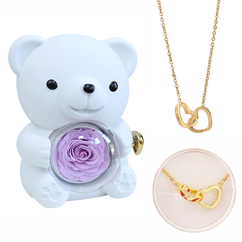 Drawelry Personalized Heart Necklace with Real Rose Bear Jewelry Box, Preserved Eternal Roses Hug Bear Gifts Set, Heart Necklace Bear Box Christmas Birthday Gifts for Woman (White, Yellow Gold)