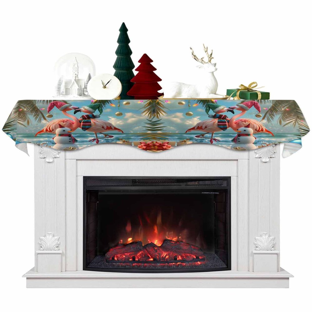Christmas Flamingo Fireplace Mantel Scarf Table Runner, Xmas Snowman Coastal Beach Winter Garland Mantel Top Tablerunners Dresser Scarves Cover Decorations for Windows Party Living Room 90x17