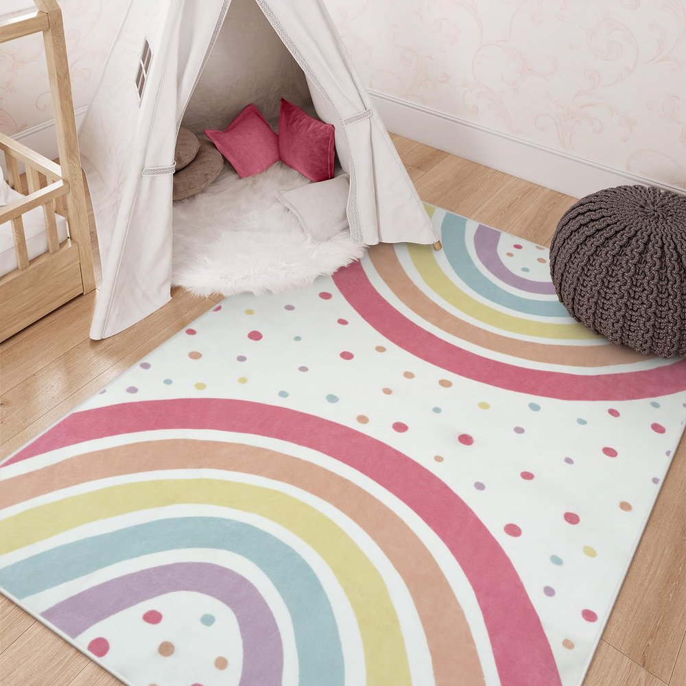 STARUIA Washable Rainbow Rug for Girl Nursery, Small Rug 3X 5 Colorful Area Rugs for Kids Bedroom, Non-Slip Soft Polka Dot Carpet Kids Rugs for Classroom Playroom Tent Castle