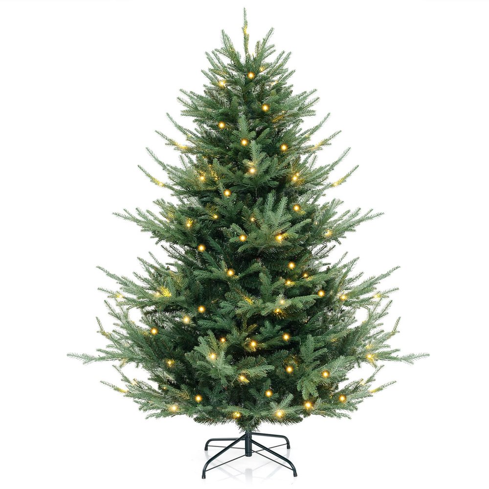 Goplus 6ft Pre-lit Artificial Christmas Tree, Faux Hinged Xmas Tree with 240 Warm White LED Lights, 778 Branch Tips, PE & PVC Mixed Leaves, for Holiday Home Office Decoration